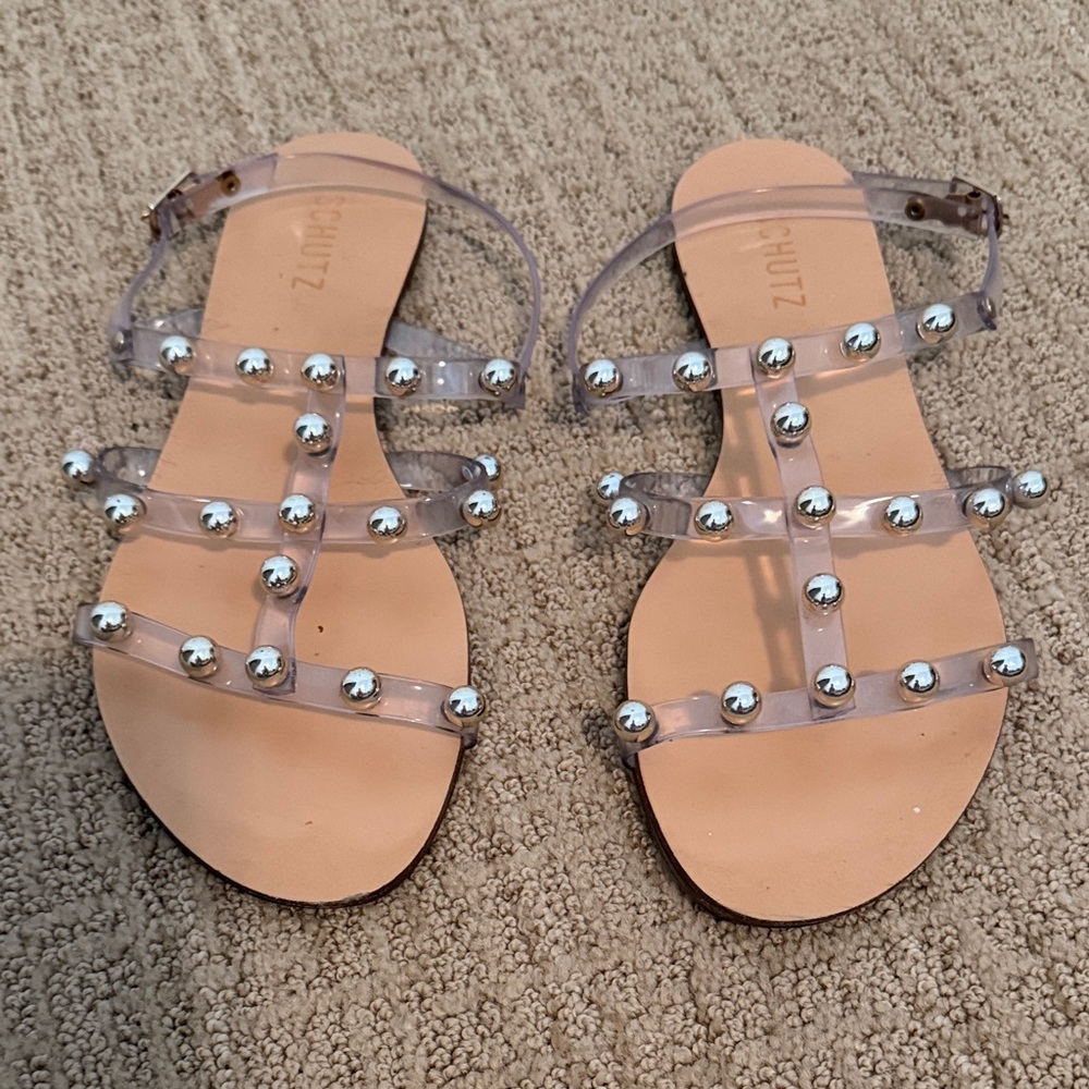 SCHUTZ Clear Jelly Studded T-Strap Sandals with Nude Footbed